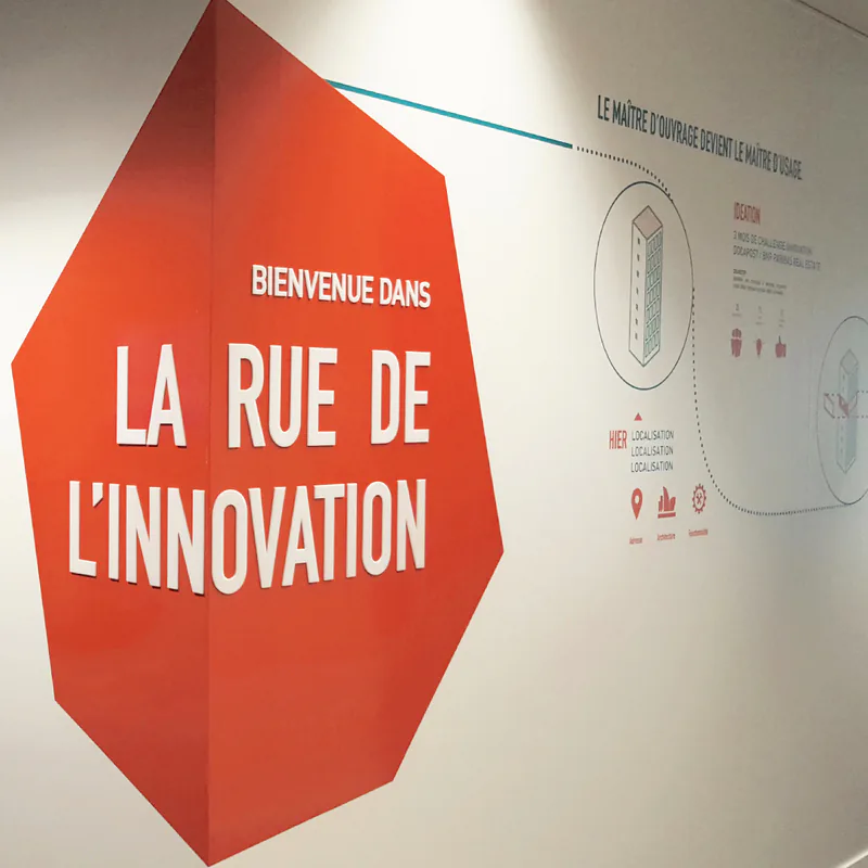 Octogone rouge « Bienvenue dans la rue de l'innovation » et infographie murale dans les bureaux BNP Real Estate