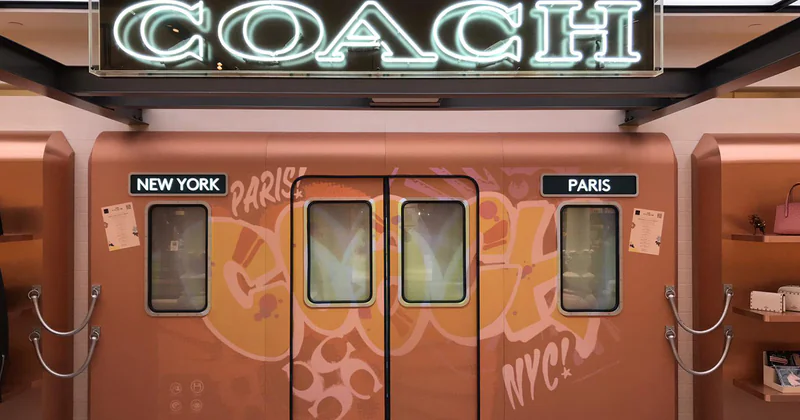 Wagon de métro rose doré du pop-up store Coach au Bon Marché, couvert de graffitis digitaux New York et Paris