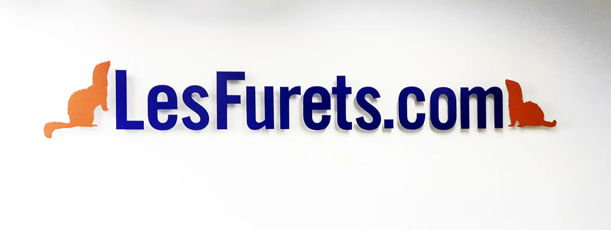 Logo LesFurets.com en lettres découpées en relief avec deux silhouettes de furets orange sur mur blanc