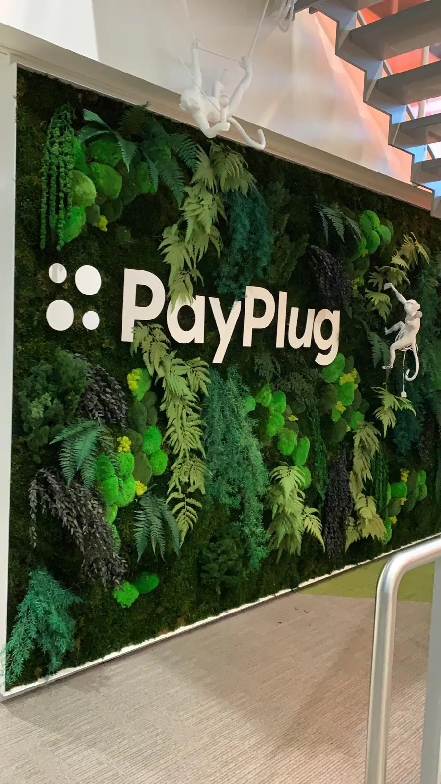 Logo Payplug en lettres blanches sur un mur de végétal stabilisé